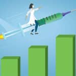 illustration of a veterinarian riding a syringe airplane up the steps of success