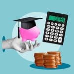 illustration showing a piggy bank with graduation cap, calculator with "DEBT," and pile of coins