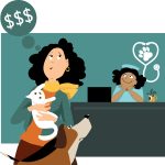illustration of pet owner with cat and dog at a veterinary clinic worried about the cost of care