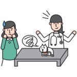 illustration of stressed pet owner with cat on the exam table and veterinarian