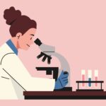 illustration of female scientist looking at slides under a microscope