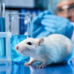 A white mouse in a laboratory with a scientist working in the background