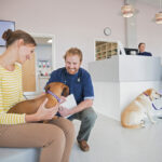 pet owners checking out at a veterinary hospital